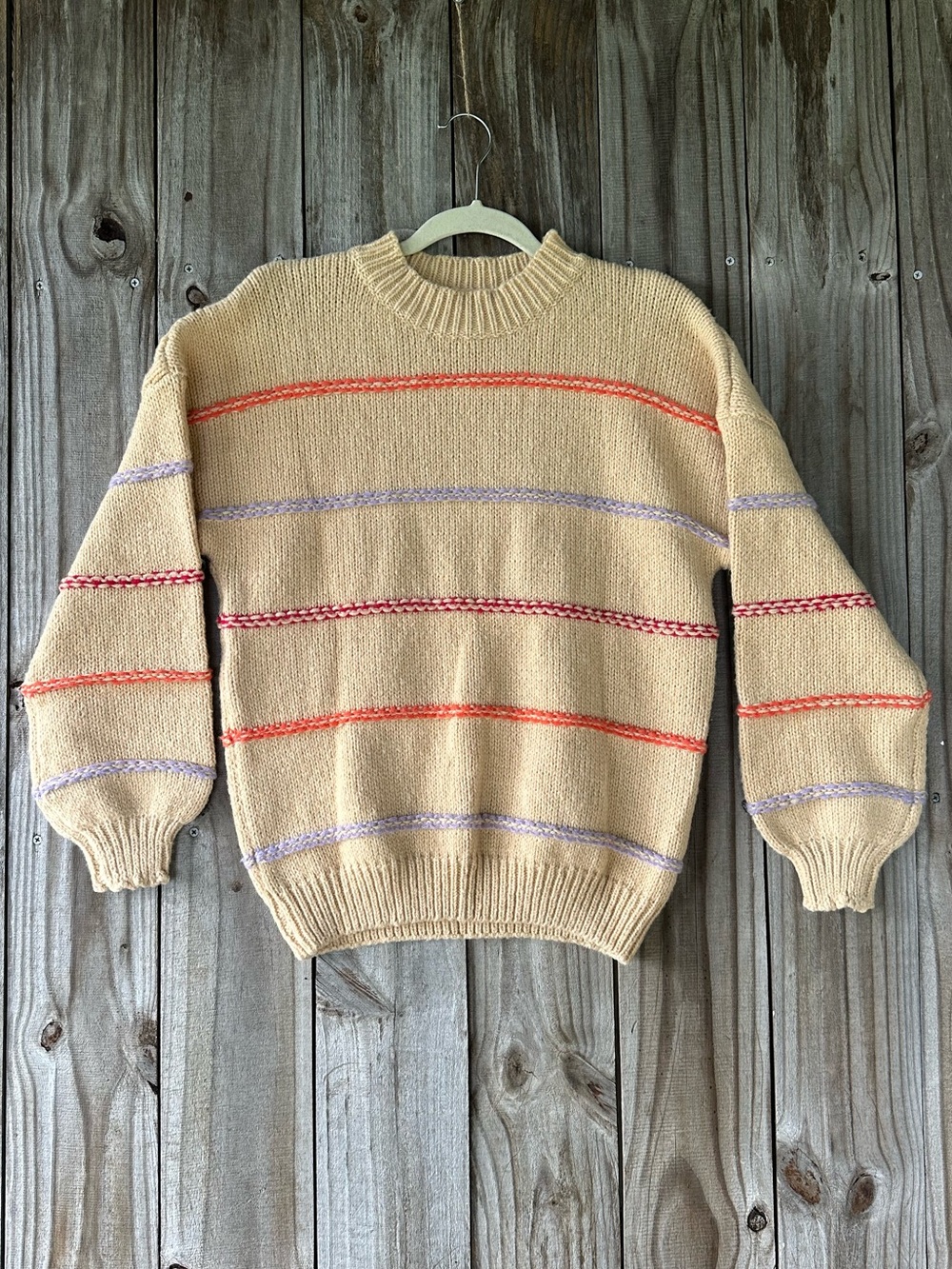 Khaki Knit Sweater W Colorful Stripes Women’s Size Small Classic Cozy Fisherman
